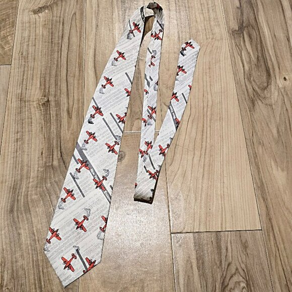 Nos Columbus Dispatch Silk Neck Tie Vintage 90s Red Airplane Stock Market Print - Picture 6 of 9